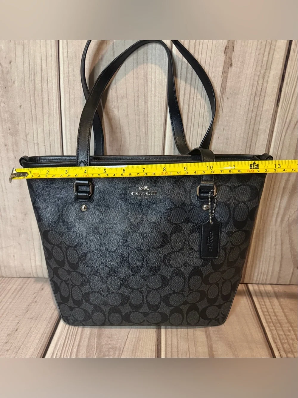 Coach Signature Logo Tote Bag Black Double Handles Silver Hardware